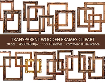 20 Transparent PNG - Wooden Frames Vintage Style Clipart, Decorative Frames with Ornaments Design, Instant Download