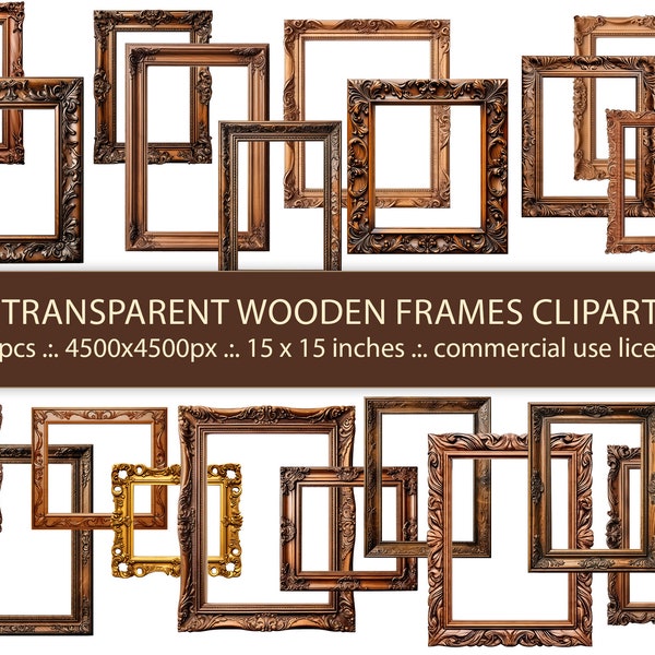 20 Transparent PNG - Wooden Frames Vintage Style Clipart, Decorative Frames with Ornaments Design, Instant Download