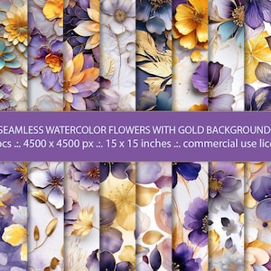 20 nahtlose Aquarell-Blumenhintergründe - lila, weiße, gelbe, violette 3D-Blumen - lebhaftes, bemaltes digitales Papier