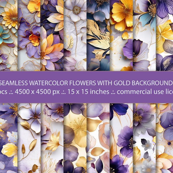 20 Seamless Watercolor Floral Backgrounds - Purple, White, Yellow, Violet 3D Flowers - Vibrant Painted Digital Paper - Scrapbook Paper