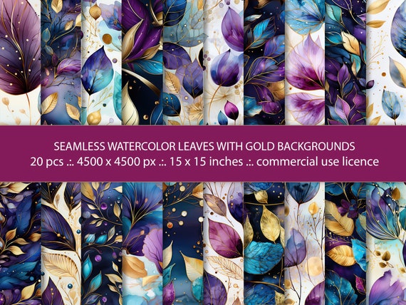 Watercolor Leaves Backgrounds: 20 Seamless Gold Floral Designs (Digital Download)