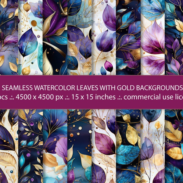 20 Seamless Watercolor Decorative Leaves With Gold Elements Backgrounds, Floral Design, Botanical Background, Seamless Pattern Design