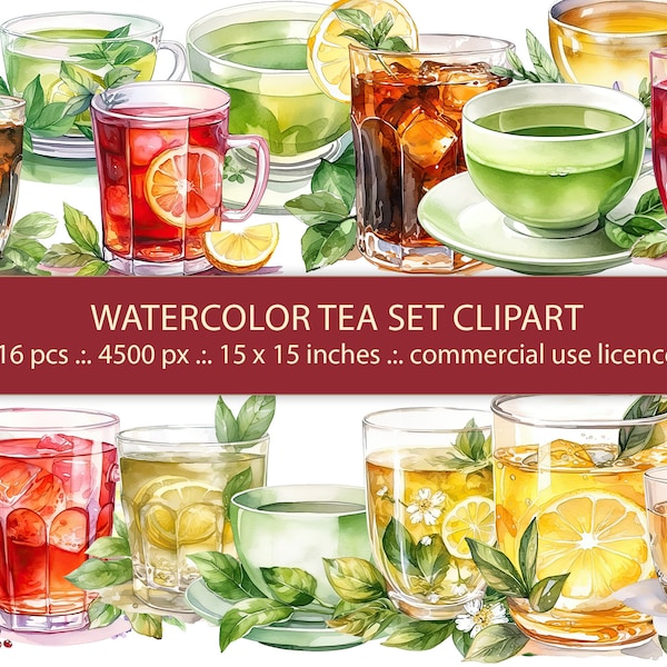 Watercolor Tea Cups Clipart Bundle - 16 Magical Enchanting Illustrations, PNG transparent, Instant Download, Commercial Use - Black tea