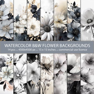魅惑的な水彩画の花のデジタル背景 - 黒、白、金の花のコレクション - すぐにダウンロード可能、商用利用可