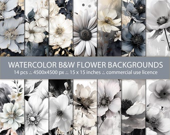 Watercolor Floral Backgrounds: Black, White & Gold (Digital Download)