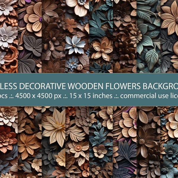 19 Seamless Decorative Wooden Flowers backgrounds, Artistic Floral Design,Digital Paper,  Natural Decor