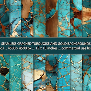 May include: 20 seamless digital paper patterns featuring a cracked turquoise and gold design. Each pattern is 4500 x 4500 pixels and measures 15 x 15 inches.