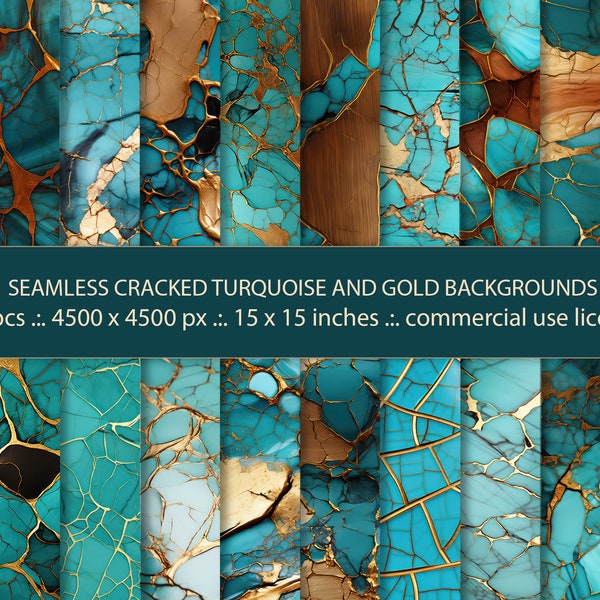 20 Seamless Cracked Abstract Turquoise and gold Backgrounds, Seamless Pattern, Digital Paper Pack, Vintage Decorative Design