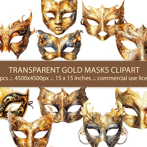 10 Transparente Png - Vintage Gold Masks Clipart, Máscara com Ornamentos Design, Máscara de Carnaval, Fantasia, Download Instantâneo