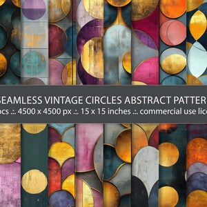 Op de afbeelding: Een set van 20 naadloze digitale papierpatronen met abstracte geometrische ontwerpen met cirkels in tinten goud, teal, paars, rood en grijs. De patronen zijn 4500 x 4500 pixels en 15 x 15 inch.