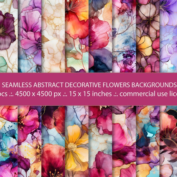 20 Seamless Abstract Decorative Watercolor Flowers Backgrounds,  Rainbow Floral Design, Digital Botanical Art, Seamless Pattern