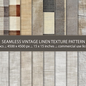 Può includere: Una collezione di motivi di texture di lino vintage senza cuciture in vari colori neutri, tra cui beige, marrone e grigio. L'immagine mostra 20 diversi campioni di tessuto, ciascuno con una trama e una tessitura uniche. Il testo recita "SEAMLESS VINTAGE LINEN TEXTURE PATTERN".