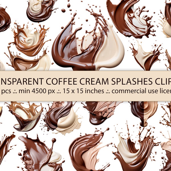 26 Transparent Coffee Cream Splashes Clipart, Abstract Chocolate Splash Digital Paper, Cappuccino Splatter Design, Commercial Use