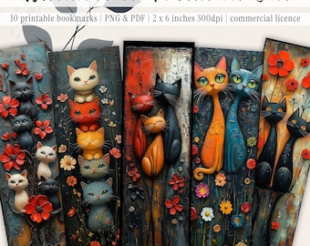 Set di 10 segnalibri digitali con animali, segnalibro stampabile per download immediato, gatti testurizzati,