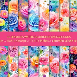 30 seamless JPG backgrounds - Watercolor Rose Seamless Patterns - Flowers Digital Paper - Instant Download - Commercial Use