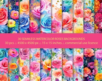 30 seamless JPG backgrounds - Watercolor Rose Seamless Patterns - Flowers Digital Paper - Instant Download - Commercial Use