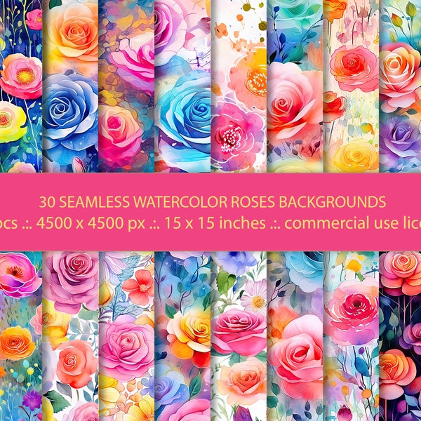 30 seamless JPG backgrounds - Watercolor Rose Seamless Patterns - Flowers Digital Paper - Instant Download - Commercial Use