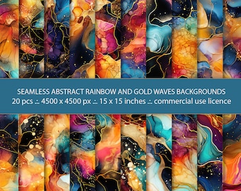 20 Seamless Abstract Rainbow And Gold Waves Alcohol Ink Backgrounds, Luxury Seamless Pattern, Digital Paper,