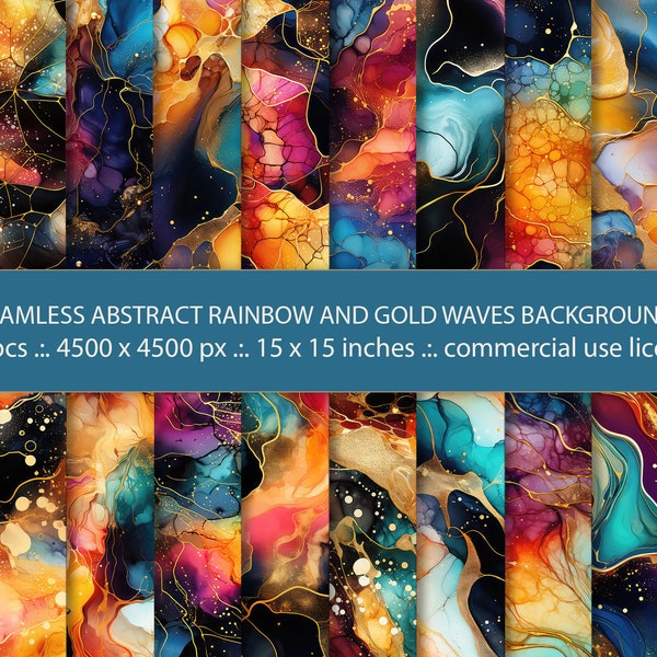 20 Seamless Abstract Rainbow And Gold Waves Alcohol Ink Backgrounds, Luxury Seamless Pattern, Digital Paper,