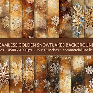 Può includere: Una collezione di 20 sfondi senza cuciture con fiocchi di neve dorati. I design presentano vari motivi di fiocchi di neve in oro e argento su uno sfondo strutturato marrone e oro. L'immagine include il testo "SEAMLESS GOLDEN SNOWFLAKES BACKGROUNDS" e "38 x 38 cm".