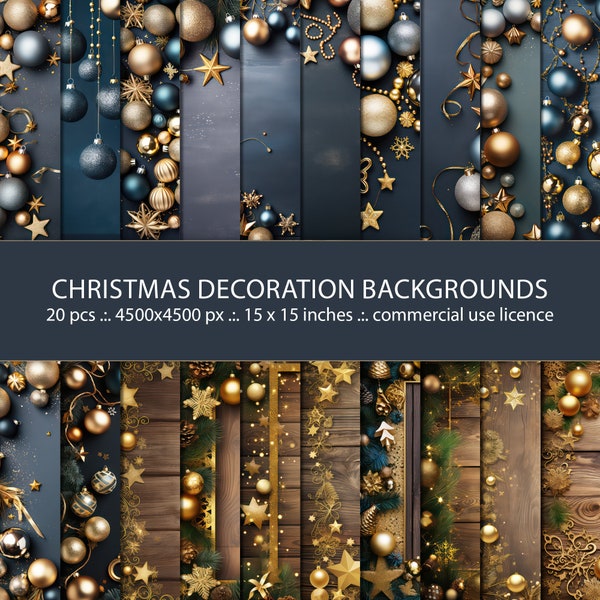 20 Christmas Decoration Backgrounds, Baubles Design, Wood And Christmas Decor, Digital Paper, Golden Art