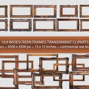 May include: Twenty ornate, wooden picture frames in a 16:9 widescreen aspect ratio. The frames are arranged in a random pattern, with some overlapping. The frames are all the same size and have a dark brown finish. The frames are transparent, allowing you to see through them.