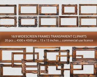 May include: Twenty ornate, wooden picture frames in a 16:9 widescreen aspect ratio. The frames are arranged in a random pattern, with some overlapping. The frames are all the same size and have a dark brown finish. The frames are transparent, allowing you to see through them.