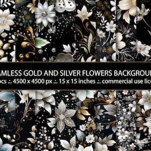 20 nahtlose Gold- und Silberblumen Hintergründe, dekorative florale Hintergründe, schwarze und weiße Blumen Hintergründe