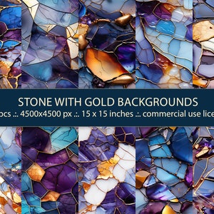 Digital Backgrounds: Polished Stones Marbles with Gold Frames - Quartz Turquoise and Liquid Ink | Instant Download + Commercial License