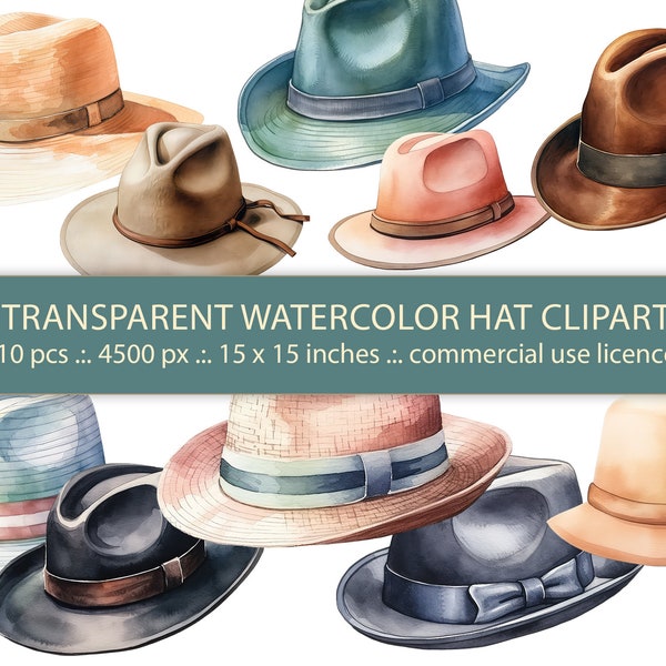 10 Watercolor Style Hat PNG Set - Transparent Files (Cowboy, Fedora, Panama, Hamburg) Transparent Png Watercolor Hat Clipart Commercial use