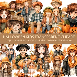 Halloween Kids Clipart - Trick or Treat Watercolor transparent PNG - Spooky Jack-o&#39;-lanterns and Leaves - Commercial Use - Instant Download