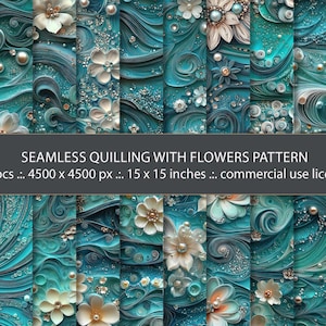 May include: 20 seamless digital paper patterns featuring quilled flowers in shades of blue and white with pearl accents. Each pattern is 4500 x 4500 pixels and measures 15 x 15 inches.