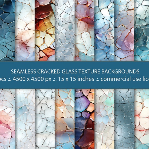 20 Seamless Cracked Glass Texture Backgrounds, Seamless Pattern, Decorative Abstract Texture Turquoise And Rainbow, Digital Paper