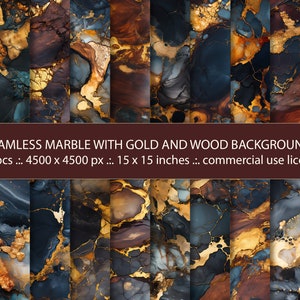 May include: 20 seamless digital paper patterns featuring abstract marble designs with gold accents and wood grain textures. Each pattern is 4500 x 4500 pixels and measures 15 x 15 inches.