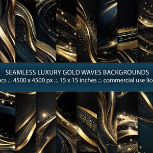 May include: A collection of seamless luxury gold wave backgrounds. The backgrounds feature flowing gold lines and sparkling accents against a dark blue and black backdrop. The image includes the text "SEAMLESS LUXURY GOLD WAVES BACKGROUNDS".