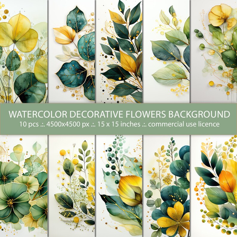 10 Watercolor Decorative Yellow Flowers Background, Floral Background