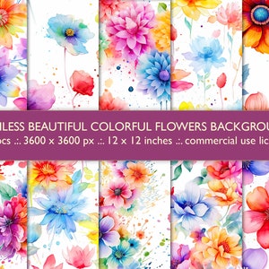 Watercolor Flowers, Floral Digital Paper, Seamless Pattern, Digital Background, Spring Design,  Commercial Use, Vivid Colors