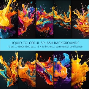 May include: Ten colorful liquid paint splashes on a black background. Each splash is a different color combination of yellow, blue, red, orange, and purple. The splashes are arranged in a grid pattern. The image is 4500 x 4500 pixels and is 15 x 15 inches.