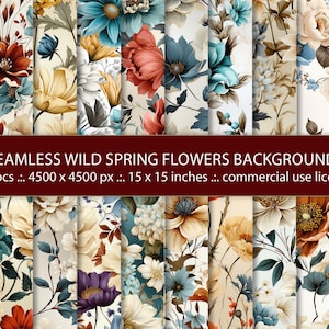 20 Fundos de flores silvestres de primavera sem costura, Fundos sem costura para artesanato floral, Conjunto de papel para impressão, Padrão floral de primavera
