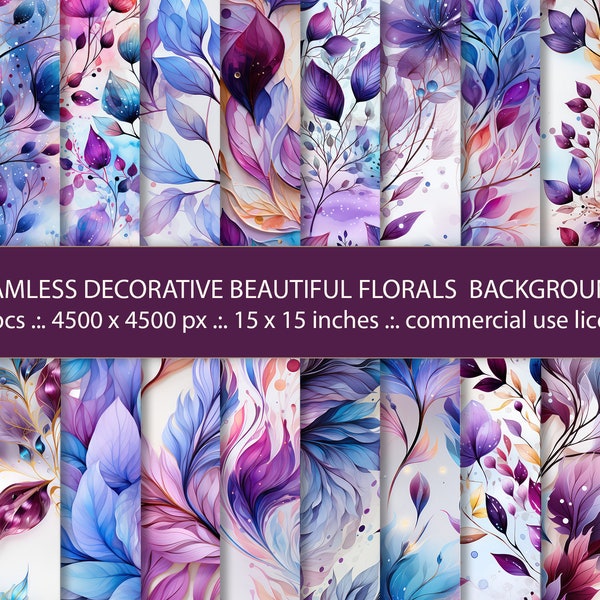 20 Seamless Decorative Beautiful Floral Backgrounds, Abstract Flowers Design, Purple Floral Art, Digital Paper