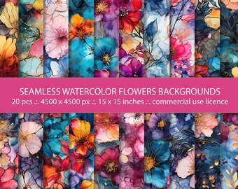 20 Seamless Watercolor  Flowers Backgrounds,  Abstract Decorative Floral Backgrounds,  Rainbow Floral Design, Digital Botanical Art