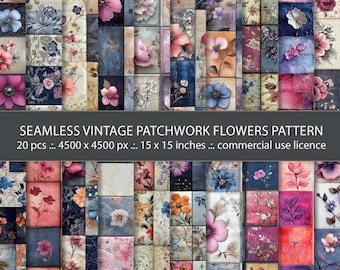 Fondos de tela con patchwork floral bohemio: patrones de colcha sin costuras (papel digital)