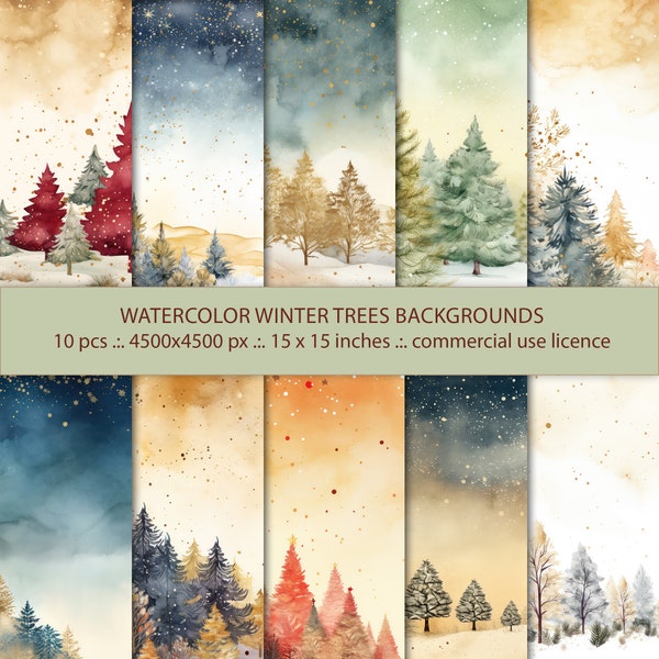 Watercolor Decorative Winter  Christmas Trees Background, Holiday Background Design -Digital Paper - Scrapbook Paper