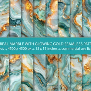 Magical Turquoise Blue Marble Seamless Backgrounds with Glowing Gold Veins - Alcohol Ink, Digital Paper, Luxury Texture - Set of 20 PNGs