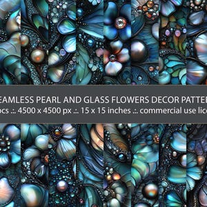 May include: 20 seamless digital paper patterns featuring iridescent blue, green, and purple glass and pearl flowers. Each pattern is 4500 x 4500 pixels and measures 15 x 15 inches.