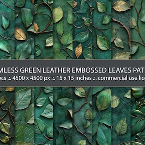 20 naadloze patronen groene leerbladeren reliëf, vintage versiering decoratieve textuur, leerpatronen reliëf, digitaal papier