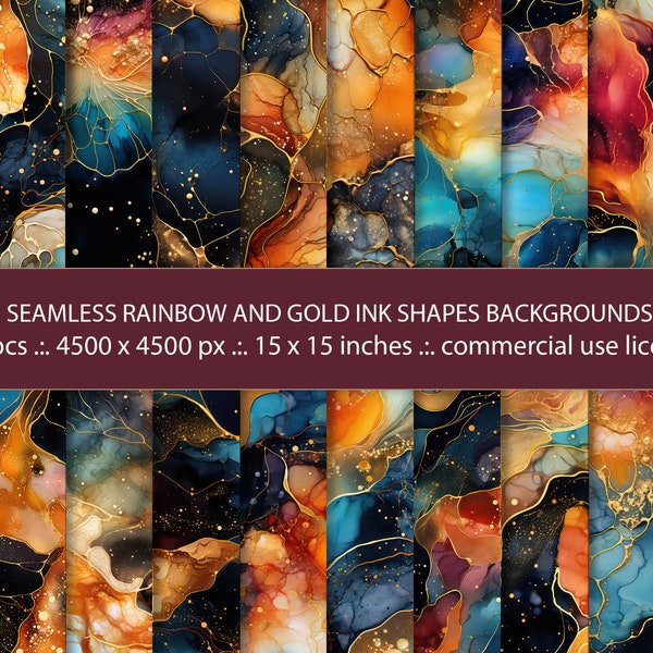 20 Seamless Rainbow And Gold Ink Shapes Backgrounds, Seamless Pattern, Digital Paper Pack, Decorative Luxury Design With Glitter