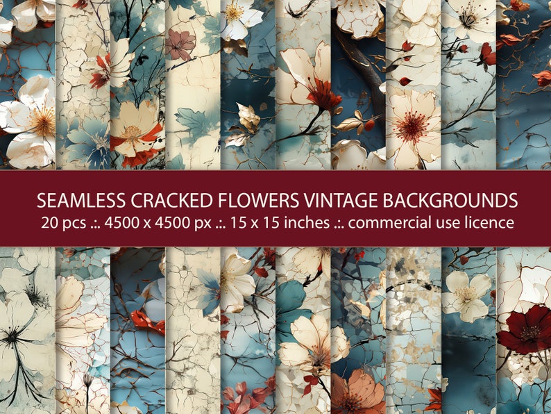 20 Seamless Cracked Flowers Vintage Backgrounds, Abstract Decorative Floral Backgrounds, Vintage Creative Floral Pattern, Digital Paper image 1