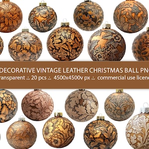 Gegraveerde leren kerstbal clipartset – 20 transparante vintage ornamenten – Decoratief reliëf kerstballen
