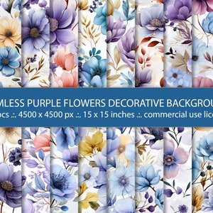 20 nahtlose lila und blaue Blumen Hintergründe, Wildblumen Aquarell digitales Papier -Hintergründe für Blumenschmuck, bedruckbares Papier Set
